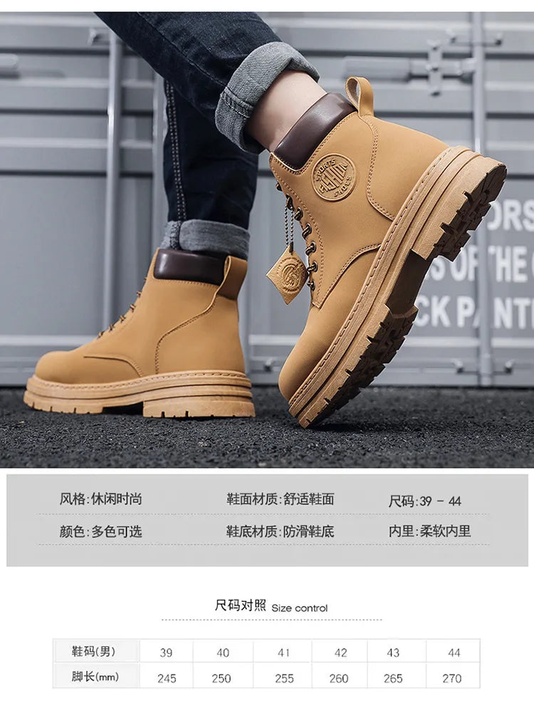 Men Retro Work Shoes Autumn Winter Thick Bottom High Top Non Slip Warm Casual Boots PU Leather Lace-up Big Head Tooling Boots