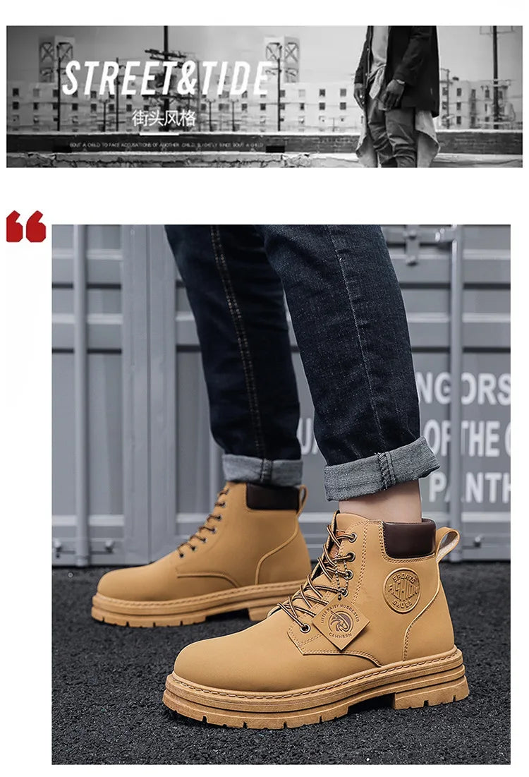 Men Retro Work Shoes Autumn Winter Thick Bottom High Top Non Slip Warm Casual Boots PU Leather Lace-up Big Head Tooling Boots