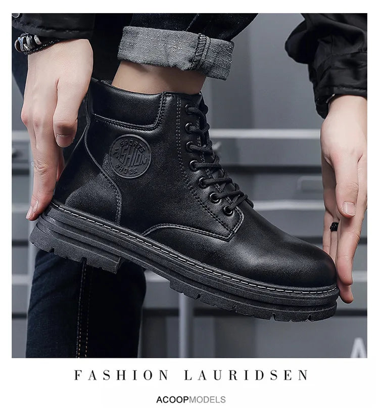 Men Retro Work Shoes Autumn Winter Thick Bottom High Top Non Slip Warm Casual Boots PU Leather Lace-up Big Head Tooling Boots