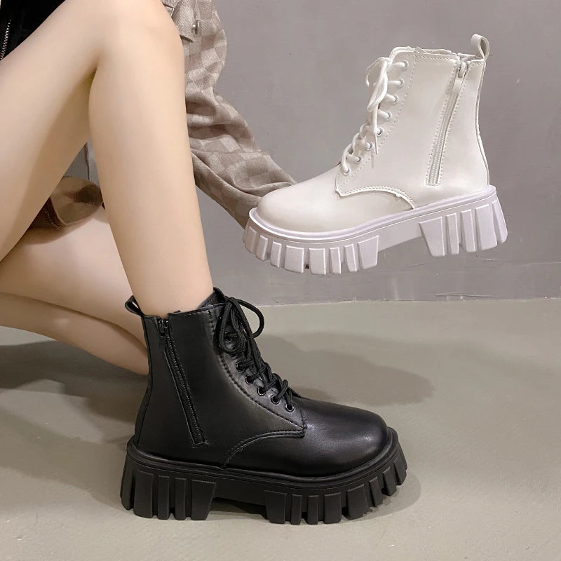 2024 White New Women Ankle Boots Autumn Winter Platform Zipper Women Punk Boots Thick Sole Lace Up Combat Booties Female Mujer