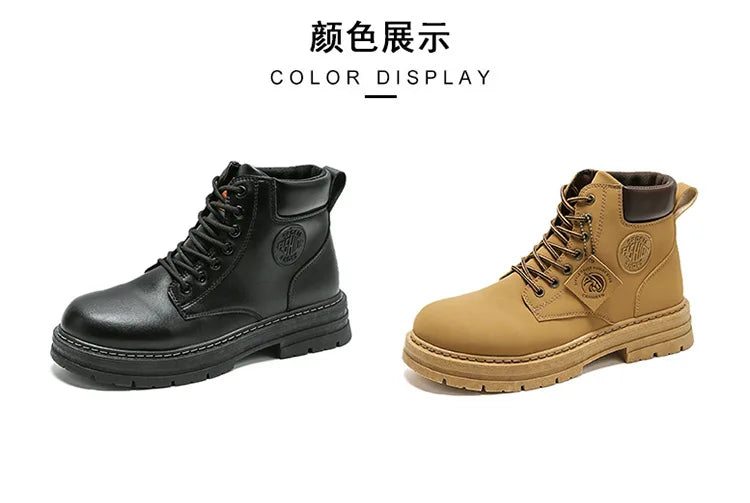 Men Retro Work Shoes Autumn Winter Thick Bottom High Top Non Slip Warm Casual Boots PU Leather Lace-up Big Head Tooling Boots